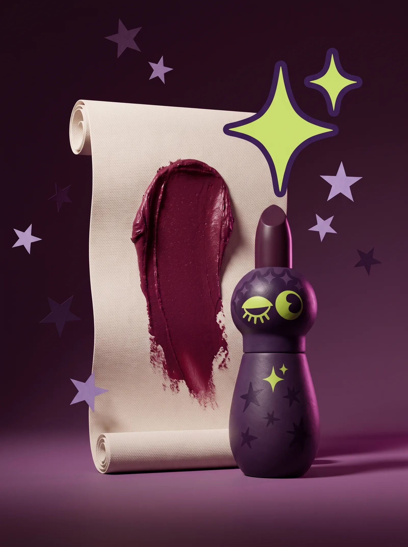 A berry lipstick swatch on a rolled paper scroll, plum ground