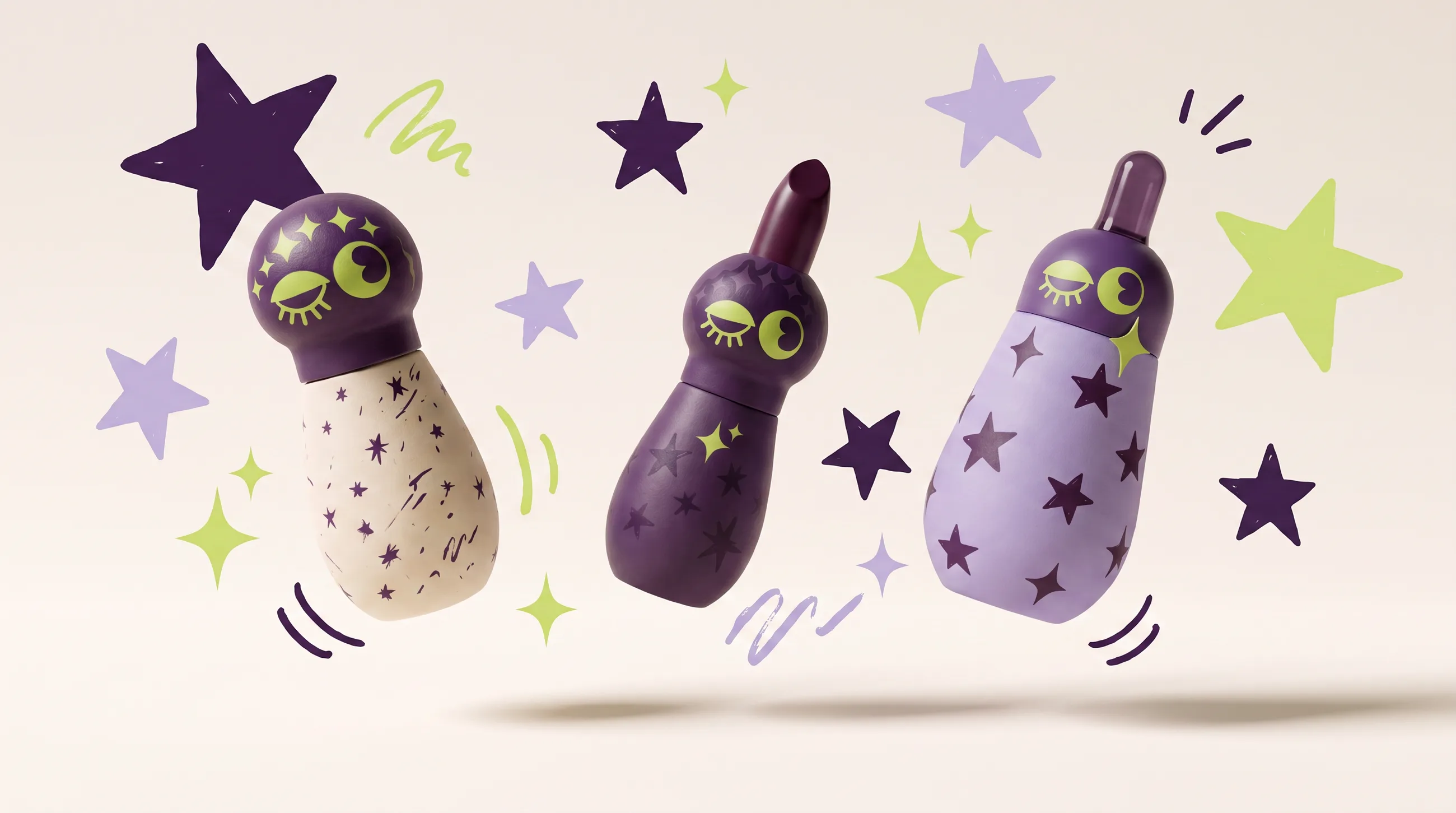 Three Fizzlé products floating on cream, each winking, surrounded by hand-drawn stars
