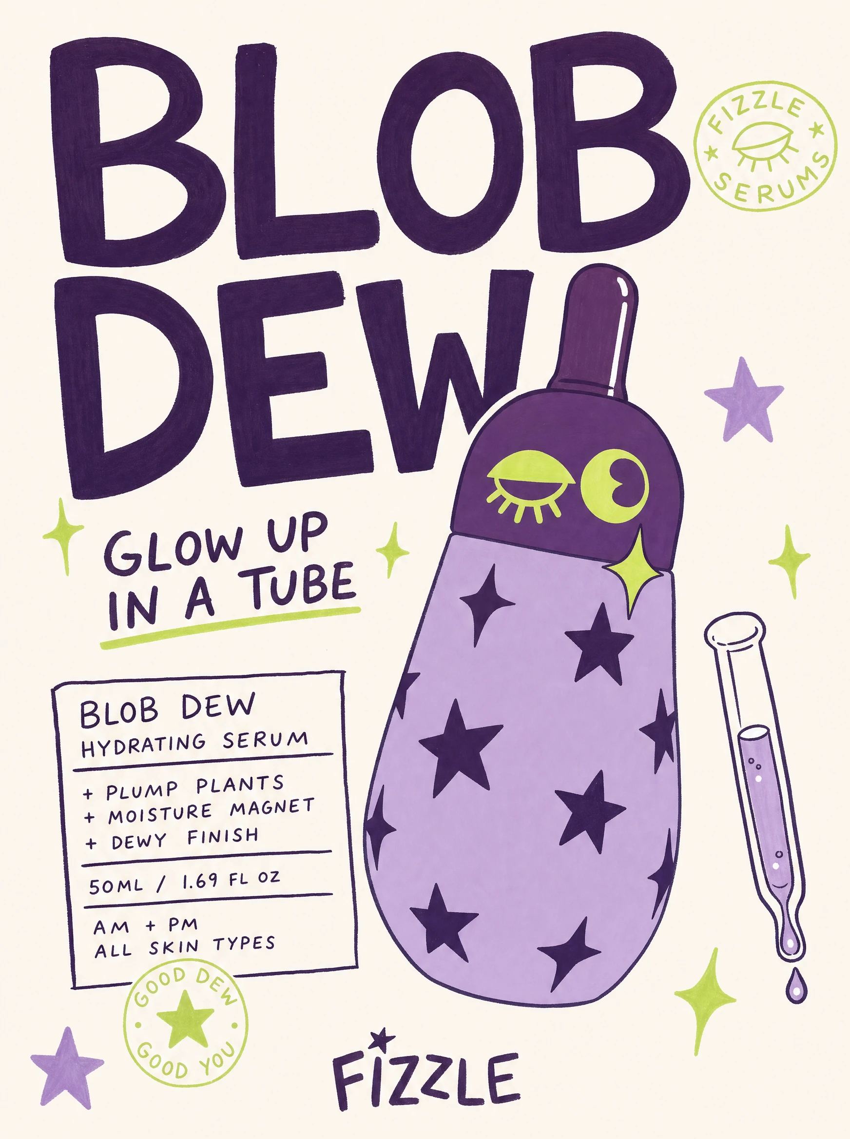 Blob Dew poster — a lavender serum bottle covered in plum stars, dropper beside it