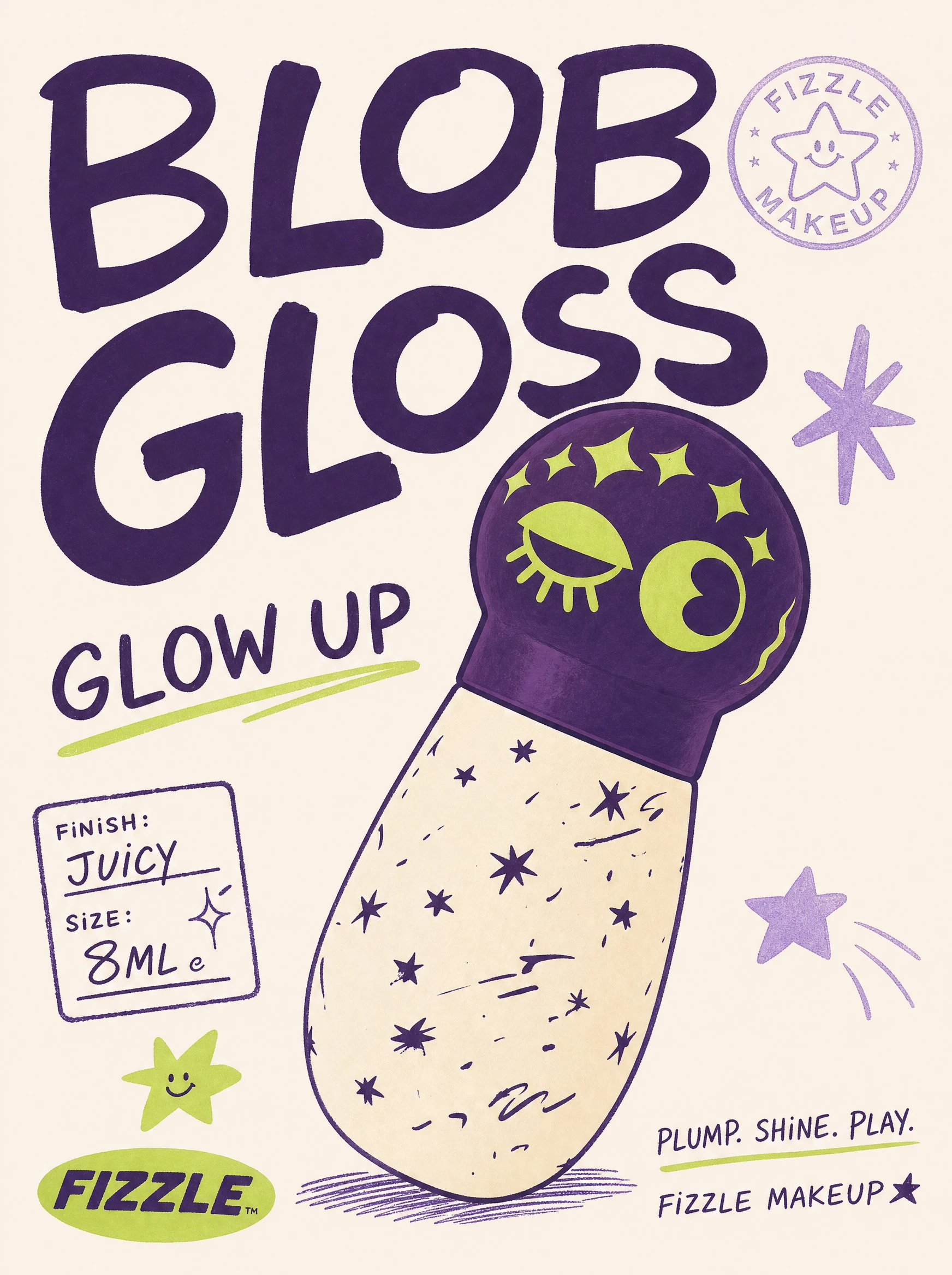 Blob Gloss poster — a cream-bodied dropper scribbled with plum doodles, sparkles above its wink