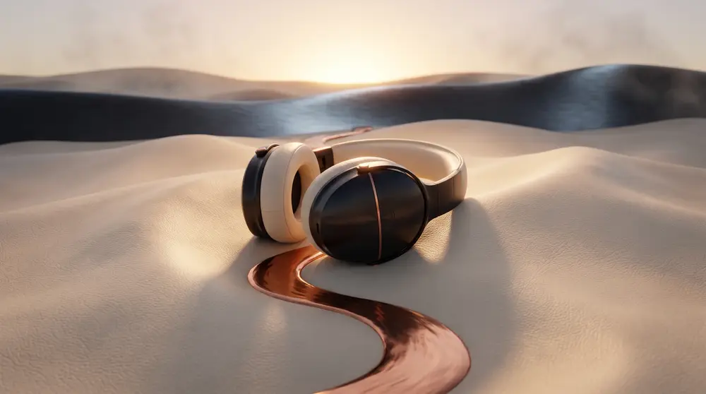 NUMEN charging case resting in desert dunes at golden hour, a copper river winding past
