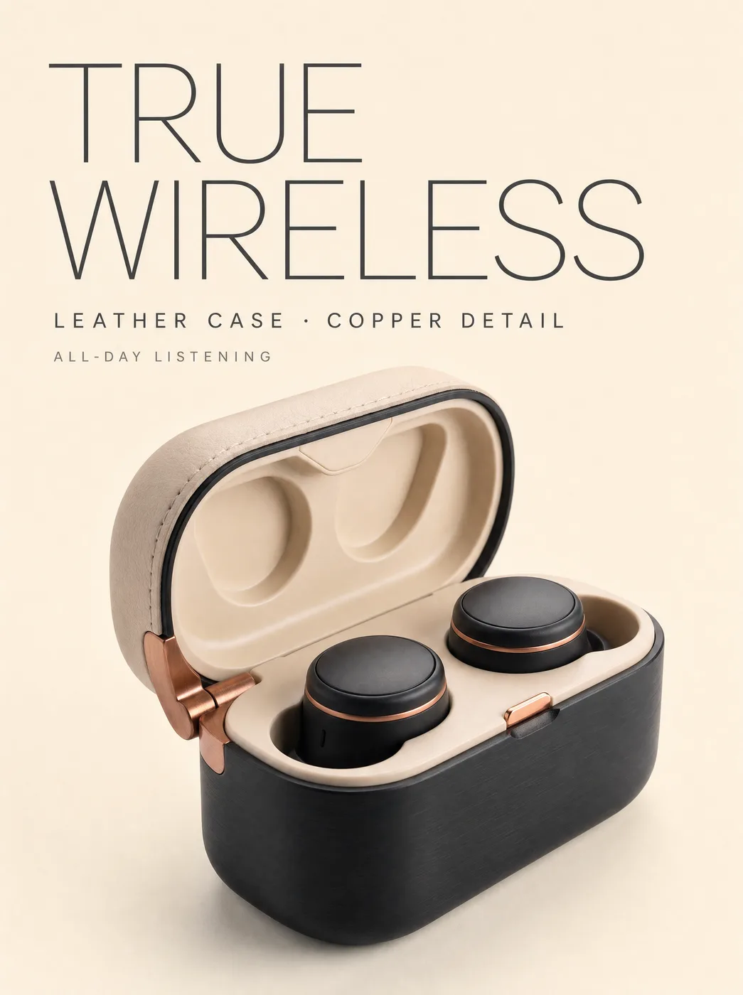 NUMEN campaign — True wireless — leather case, copper detail