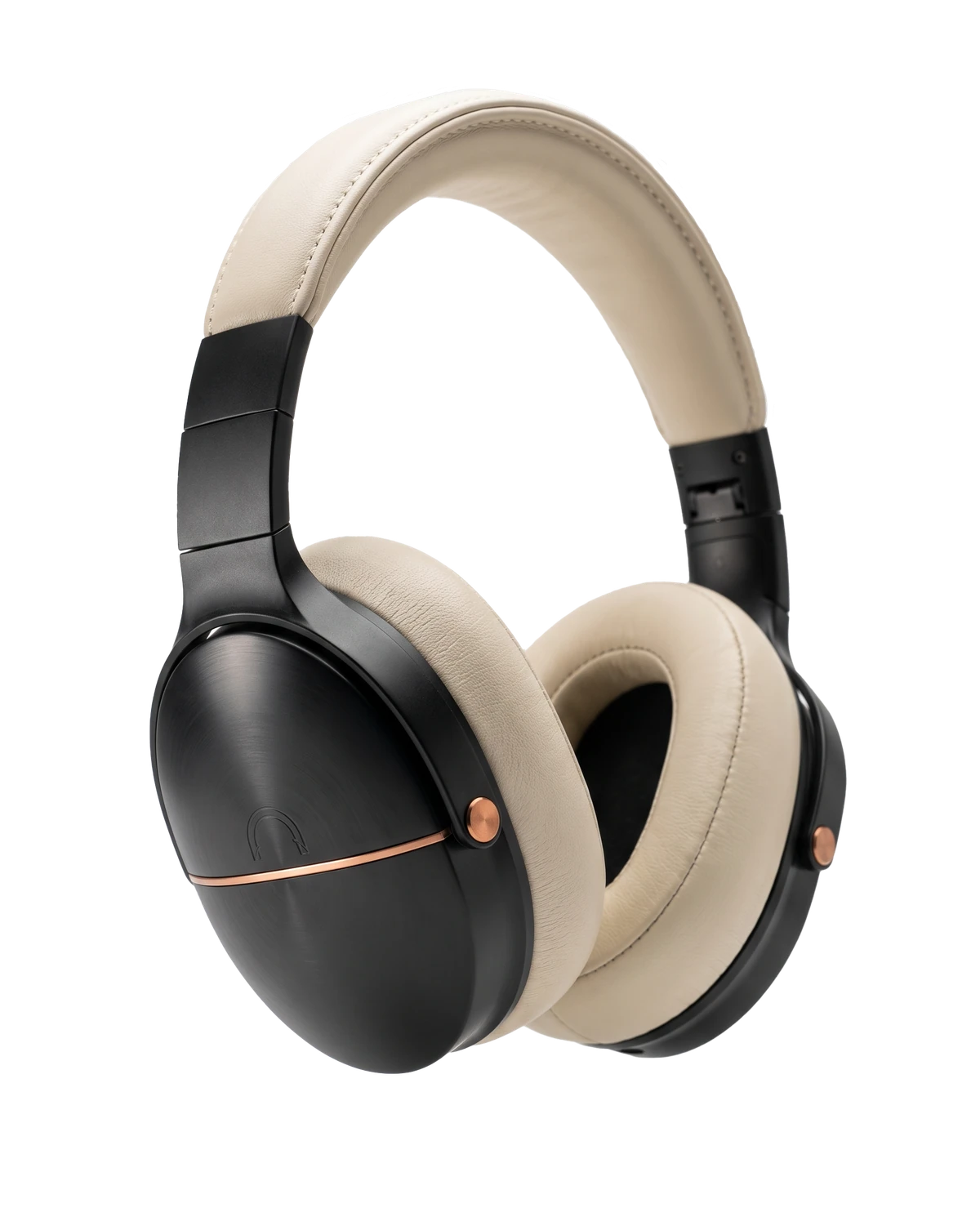 NUMEN over-ear headphones, three-quarter view — black cups, cream headband, copper seam