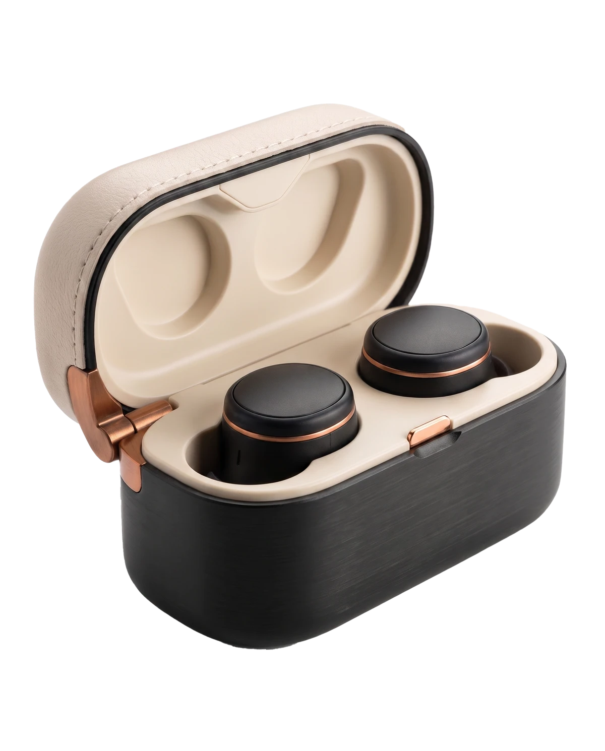 NUMEN earbuds seated in their open leather-topped charging case