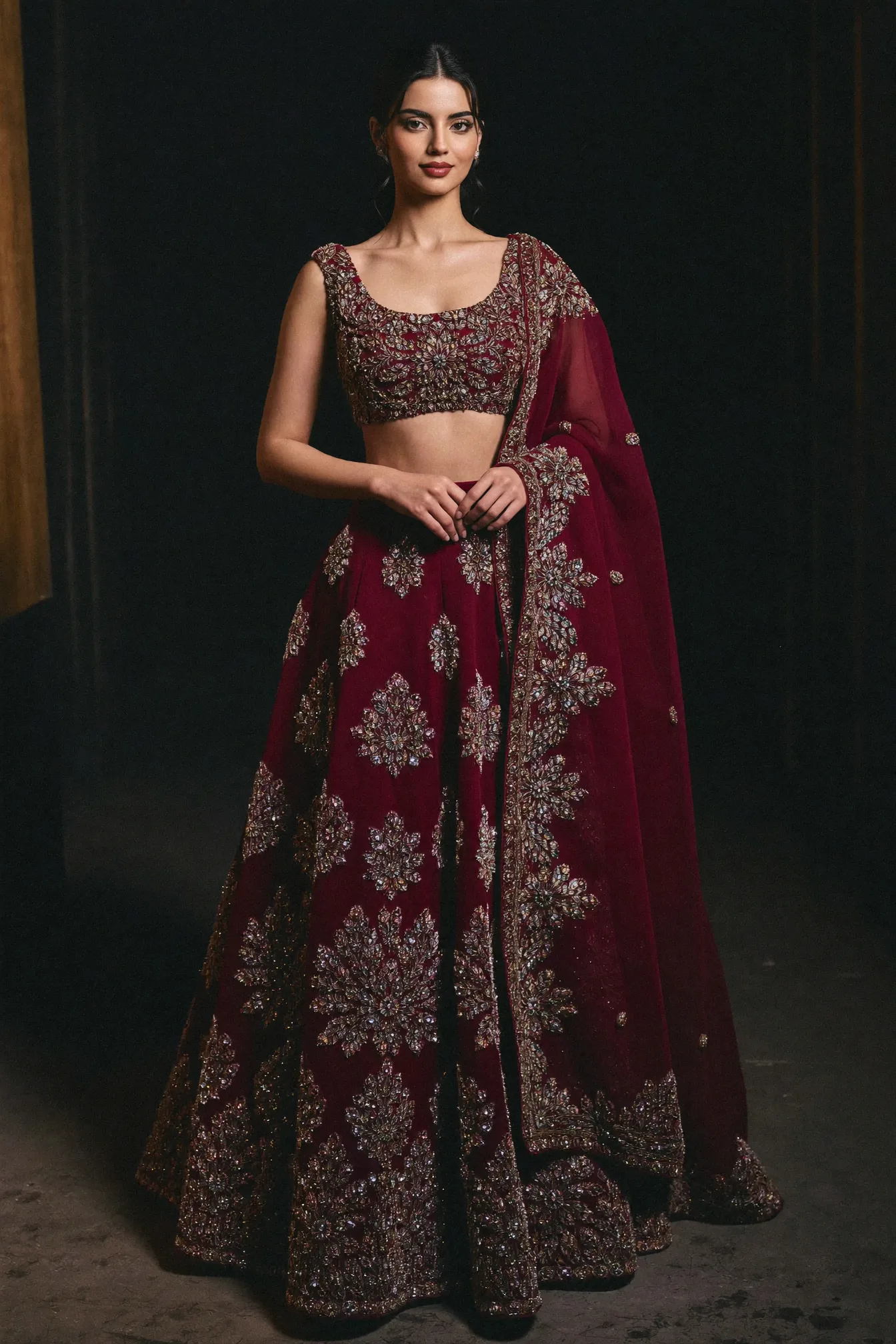 A maroon lehenga and open jacket worked in gold leaf-and-vine zardozi
