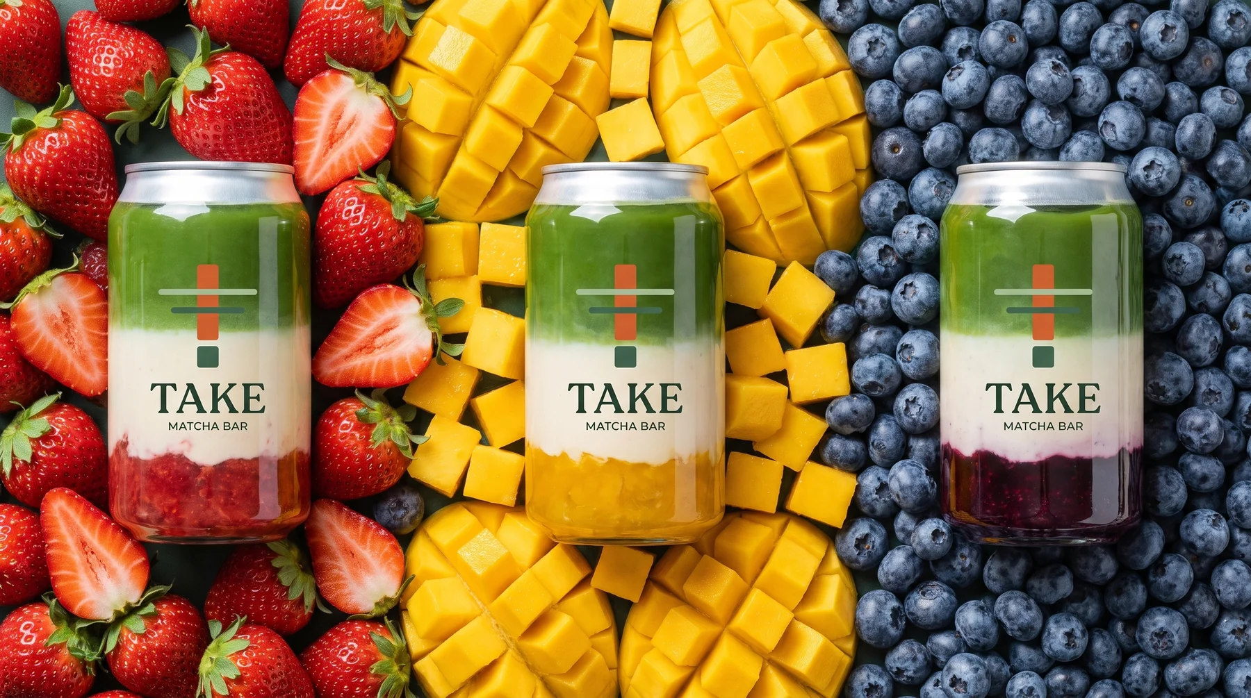 TAKE cans on beds of strawberry, mango and blueberry
